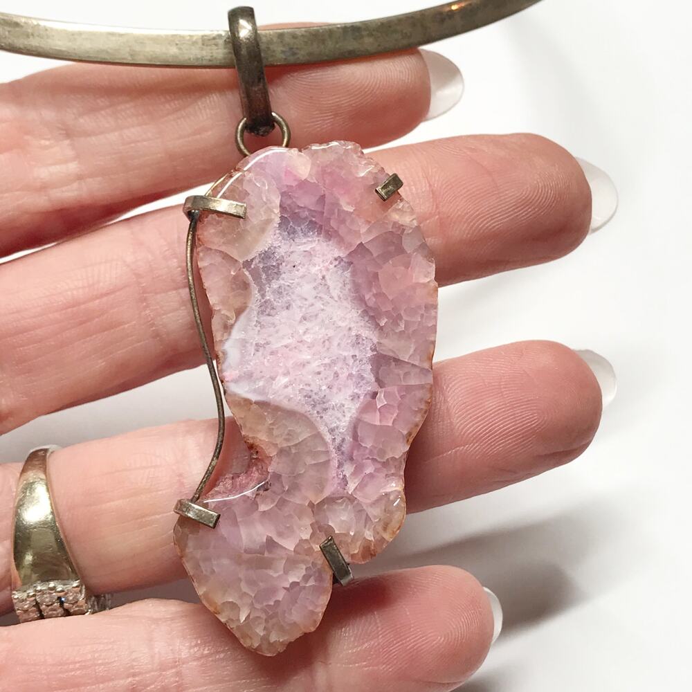 925 Sterling Silver Large Pink Amethyst Geode Slice Cluster Necklace Pendant